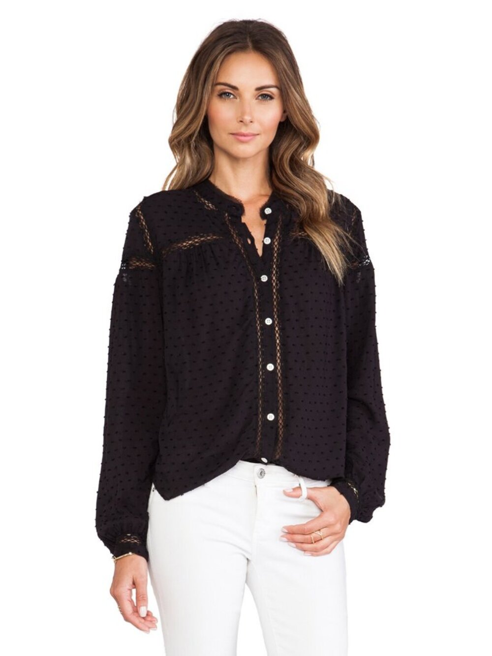 Free People Everyday Every Girl Top Lace Button Down Boho Blouse L